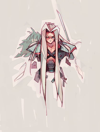 An illustration of Sephiroth from Final Fantasy 7, his depiction disintegrating beyond the torso as a small visual homage to the Jenova Doll from the game.  He has long white hair which hangs down past his hips, and a part of a single wing behind his right shoulder.