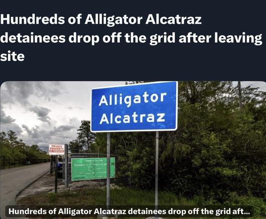 A road sign for "Alligator Alcatraz" is visible, with nearby signs indicating private property and a training facility. The background features trees and a cloudy sky.