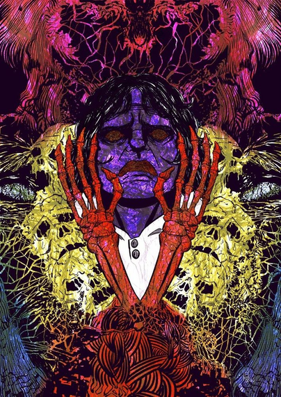 Ilustração psicodélica e sombria de uma figura humana de pele roxa e expressão aterrorizada. Seus olhos são avermelhados e vazados, com vermes no lugar dos globos oculares. A personagem veste uma camisa branca, há duas mãos esqueléticas que parece tentar agarrar seu rosto. Ao redor dela, crânios amarelos se mesclam a um emaranhado de teias orgânicas, enquanto formas monstruosas e cores vibrantes em vermelho, roxo, amarelo e azul criam uma atmosfera caótica e perturbadora em todo o resto.