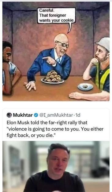 The image shows a cartoon at the top with three people at a table with cookies. One person warns another, "Careful. That foreigner wants your cookie!" Below, an X post by @IAmMukhtar from 1 day ago states: "Elon Musk told the far-right rally that 'violence is going to come to you. You either fight back, or you die.'" The post includes a photo of Elon Musk speaking.