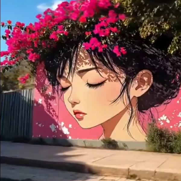 Face of a woman, closed eyes, painted on a pink wall. Some flowers of a reel tree in her hair