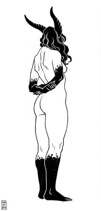Ilustración a tinta que representa a un demonio o criatura antropomorfa desnuda de pie y de espaldas, con los brazos enlazados por detrás. Su cuerpo parece el de un ser humano, con cabello largo, ondulado y oscuro; pero de su cabeza asoman dos cuernos negros, y sus manos, antebrazos, pies y parte de sus piernas están tiznados de negro. No podemos ver su rostro, tapado por su cabello.
—
Ink illustration depicting a nude anthropomorphic creature or demon standing with their back turned, their arms intertwined. Their body seems human, with long, dark wavy hair; but two black horns lean out of their head, and their hands, forearms, feet and legs are stained with black. We cannot see their face, hidden behind their hair.