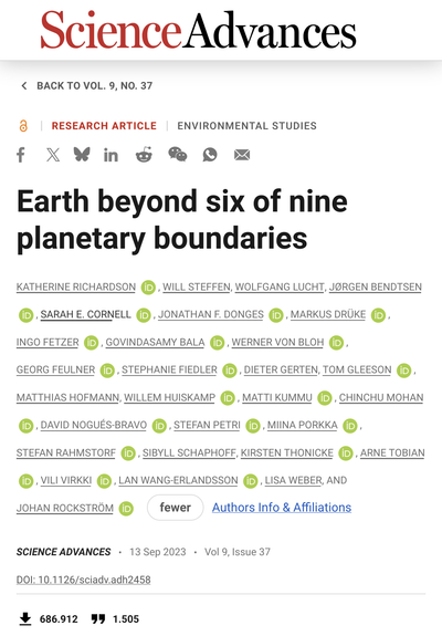A screenshot of the paper's page at the journal, with the title and metrics as given in the toot, and Katherine Richardson as the first author followed by a list of many co-authors.