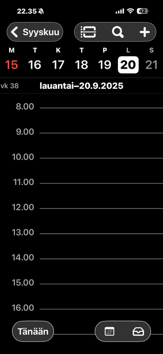Screenshot iOS 26:sta. Kalenterinäkymä. Korkeakontrastinen.