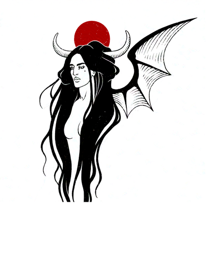 Ilustración a tinta de un busto de demonio. Su apariencia es la de una mujer de cabello negro muy largo que se le derrama sobre el pecho, posee cuernos y alas membranosas. Nos observa con desinterés y leve desidia, plena de poder. Tras su cabeza hay un halo, sol o luna roja.
---
Ink illustration of a demon bust. Her appearance is that of a woman with very long black hair that pours over her chest, she has horns and membranous wings. She observes us with disinterest and slight apathy, full of power. Behind his head there is a halo, sun or red moon.