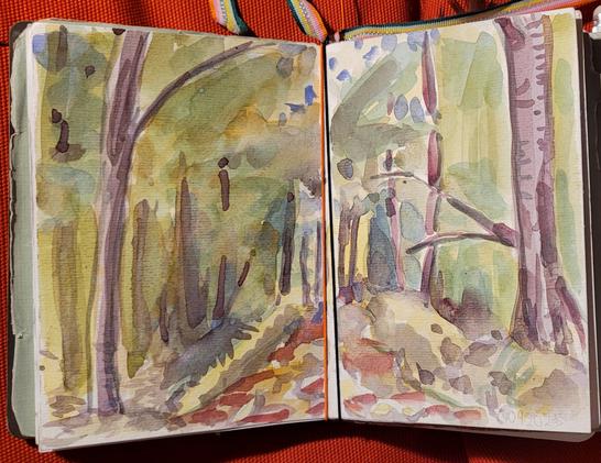Aquarellskizze über 2 Seiten im kleinen Skizzenbuch: ein Weg zwischen Bäumen,  Blätter auf dem Weg