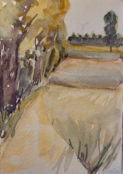 Aquarellskizze: Blick über eine wellige Wiese, am linken Rand stehen Bäume