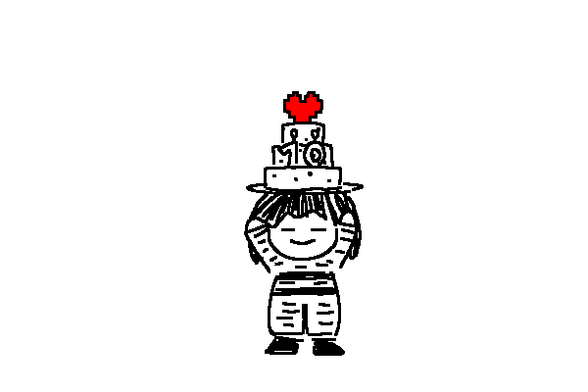 Black and white little drawing. White background, it's Frisk from the game Undertale, a little chibified child, eyes closed as usual, medium sized hair, an onesie with two stripes. On their head is a cake with 3 "floors" idk what it's called, on it are two candles spelling the number 10, and a pixelated red heard representing the soul, it's the only colored thing of the image. Their arms are shorter than their head because they're chibified, so they can't reach the cake on their head lol.

The will of this game to keep living even after a decade fills you with determination.