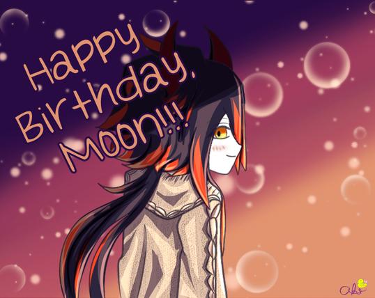Ivlis turning to the viewer with a background of sunset purple, pink, and yellow. Text reads, "Happy Birthday, Moon!!!"