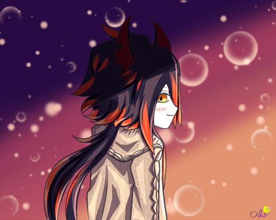 Ivlis turning to the viewer with a background of sunset purple, pink, and yellow.