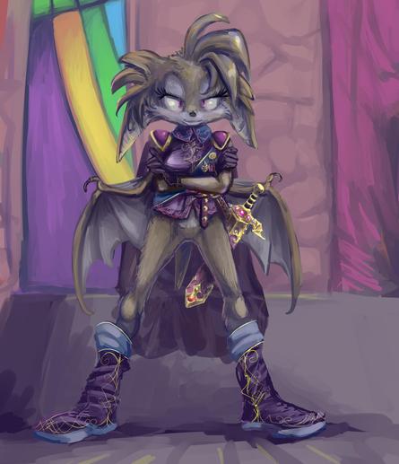 anthropomorphic bat person with arms AND vestigial wings in a bored and possibly aggressive stance, wearing an ornate, medal-adorned jacket despite the wings, as well as boots and a belt supporting a sword in a fancily-decorated scabbard, in front of a fairly mundane stone windows with a minimalist stained glass window on one side and something like a curtain on the other