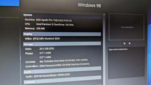 In 86Box... A VIA Apollo Pro 133 Motherboard with a 66mHz Pentium II Overdrive and 256MB of RAM. Also with Voodoo3 video and a Sound Blaster AWE64.