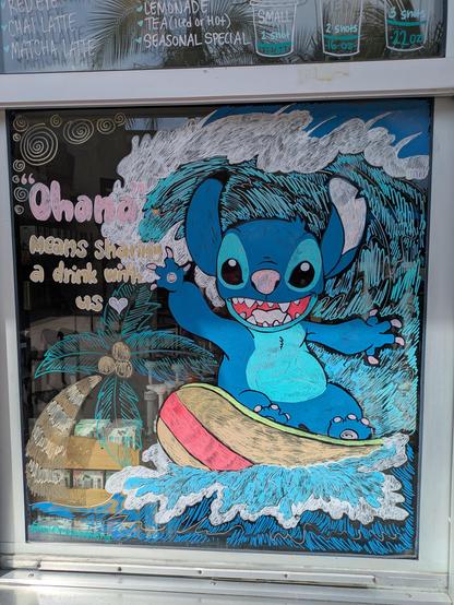 Drawing of surfing Stitch on a window