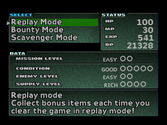 The 'new game' menu for Parasite Eve II with various modes displayed for replaying the game on harder difficulties.