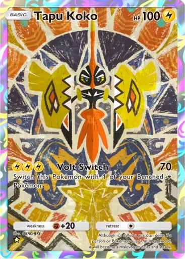 Tapu Koko Pokémon card with a bright yellow and orange tribal-style background. Tapu Koko is a black, birdlike guardian deity with yellow shield-like arms and a spiky, lightning-like design. The card shows 100 HP and its attack ‘Volt Switch’ dealing 70 damage.