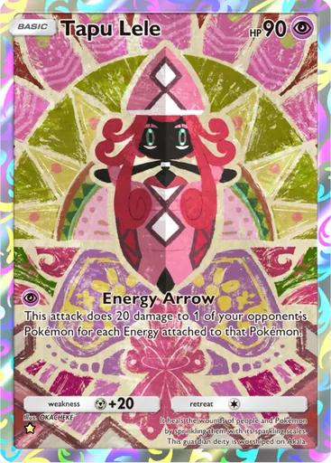 Tapu Lele Pokémon card with a pink, gemlike tribal background. Tapu Lele is a small black Pokémon with a pink shell-like body and large, curled hair resembling a headdress. The card shows 90 HP and its attack ‘Energy Arrow’ that does 20 damage per energy attached to an opponent’s Pokémon.