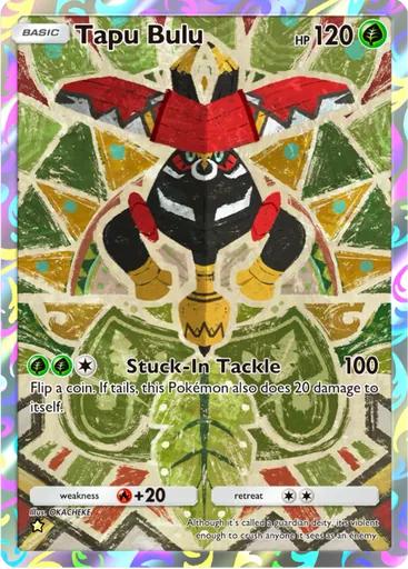 Tapu Bulu Pokémon card with a leafy green tribal background. Tapu Bulu is a bull-like guardian deity with red armor, black limbs, and large curved horns. The card shows 120 HP and its attack ‘Stuck-In Tackle’ dealing 100 damage, with a chance to hurt itself.