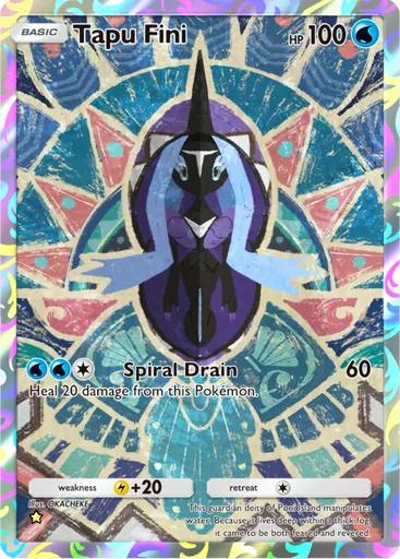 Tapu Fini Pokémon card with a blue water-like tribal background. Tapu Fini has a black humanoid form with a long lavender fin-like cloak and a shell-like headpiece. The card shows 100 HP and its attack ‘Spiral Drain’ dealing 60 damage and healing 20 HP.