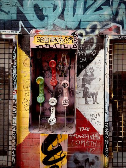 Image of an old phone box turned into art. Four multicoloured headsets in a telephone box in front of a brick wall painted with graffiti.