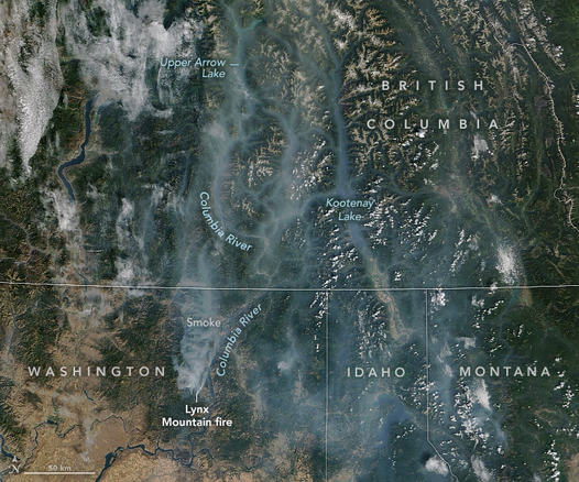 NASA/NOAA satellite imagery https://earthobservatory.nasa.gov/images/154797/smoky-skies-in-the-pacific-northwest

first paragraph of the article serves as an image caption:

Throughout the summer, satellites have tracked smoke in Washington state as hot weather, bouts of strong wind, and a prolonged drought have fueled several outbreaks of wildland fires. On September 13, 2025, the MODIS (Moderate Resolution Imaging Spectroradiometer) on NASA’s Terra satellite captured this view of smoke spreading from the Lynx Mountain fire across the northeastern part of the state and into British Columbia.