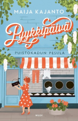 Pyykkipäivä-kirjan kannessa on piirros sinisen talon kivijalassa olevasta pesulasta, jonka edessä valkopilkkuiseen punaiseen mekkoon pukeutunut fiftarityylinen nainen ripustaa oveen "Auki"-kylttiä.