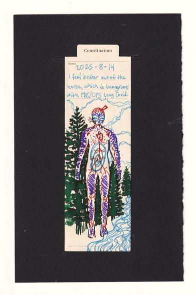 a manila bookmark, which has been adorned with vibrant inks. a human stands in the center, purple blotches covering their arms and shoulders, hatches down their legs. They smile happily, yet a red spike is in their forehead, and furthere red along their jawline and ear. a swirling center in their chest and a loosely implied circulatory system. they stand allongside a body of water, with evergreen trees behind them.