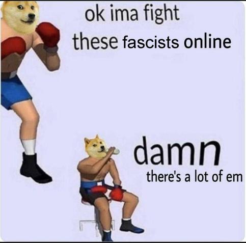 A human with a dog head dressed in boxing clothes. We see them first ready to fight with gloves on: 'ok ima fight these fascists online'.
Second picture: the same creature, sitting and drinking water: 'damn there's a lot of them'