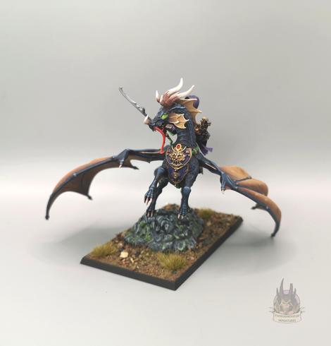 Grand Cathay Shugenan Lord on a Great Spirit Longma (a draconid) front-0n view to focus on the Longma's head and its chest armour