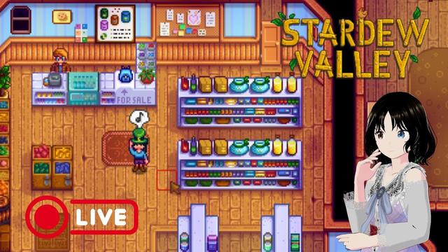 My livestream thumbnail featuring a screenshot of Stardew Valley game; inside Pierre's shop, to be exact.