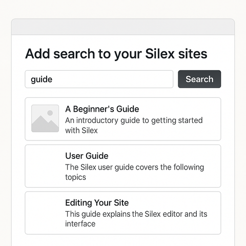 An illustration showing a search bar in a Silex site, with a list of results