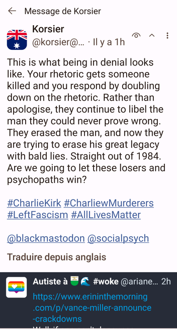 This is what being in denial looks like. Your rhetoric gets someone killed and you respond by doubling down on the rhetoric. Rather than apologise, they continue to libel the man they could never prove wrong. They erased the man, and now they are trying to erase his great legacy with bald lies. Straight out of 1984. Are we going to let these losers and psychopaths win?

#CharlieKirk #CharliewMurderers #LeftFascism #AllLivesMatter

@blackmastodon @socialpsych