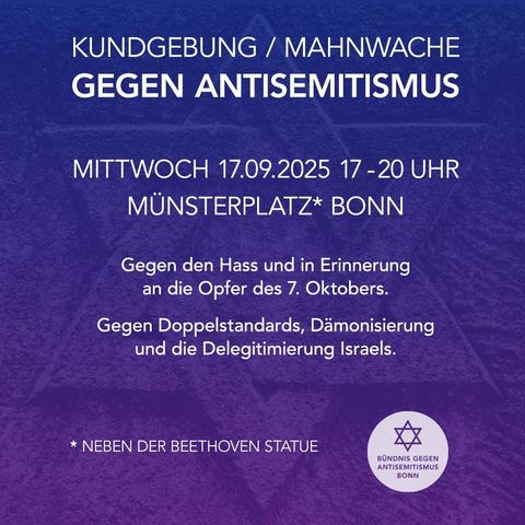Bild zeigt den Demo Aufruf für den 17.09. ab 17 Uhr in Bonn auf dem Münsterplatz gegen Antisemitismus