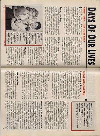 Soap Opera Digest – August 17, 1993 – Days of Our Lives preview page
Full‑page vertical layout with a beige background, bold black “DAYS OF OUR LIVES” masthead running down the right margin, and multiple storyline teasers in black and red text.
Top‑left: black‑and‑white photo bordered in red showing Carly Manning (Crystal Chappell) in a nurse’s uniform embracing Jennifer Horton (Melissa Reeves), who rests her head on Carly’s shoulder. Both appear emotional but smiling. Caption reads: “Carly (Crystal Chappell) and Jennifer (Melissa Reeves) say goodbye?”
Headlines and sub‑sections include:
- CARLY DIES – OR DOES SHE?
- Underground Cavern, Mystery Woman, Lost And Gain, Coming Home, Split Screen, Baby Talk, Dealing With Abe and Billie – each offering teasers on dramatic twists, romantic entanglements, and family conflicts.
- WHAT WILL HAPPEN – Spoiler box revealing Victor discovering Kate’s role in Stefano’s plan to trap Bo, double‑crosses, and brewing tensions.