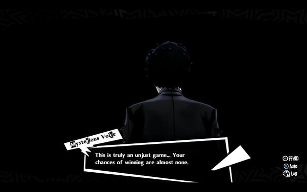 A screenshot from the game. Mysterious Voice says "This is truly an unjust game... Your chances of winning are almost none."