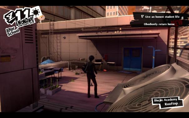 A screenshot from the game. Current objectives list includes "Live an honest student life" and "Obediently return home".