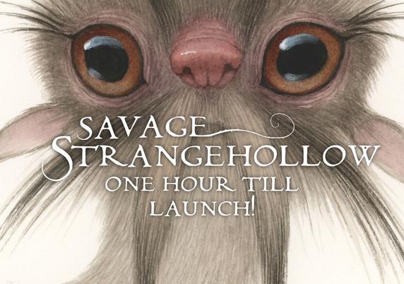 close up of a watercolour painting of a creature with huge eyes and a little pink nose between them and long whiskers. Text says 'savage strangehollow, one hour till launch!'