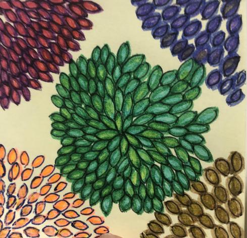 Colorful zentangle of flower like forms on postitnote