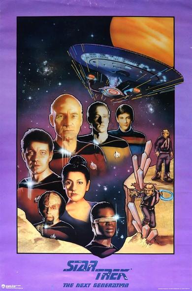A poster for the Star Trek episode The Last Outpost, featuring the faces of the Enterprise crew, except for Lt. Yar and Dr Crusher, along with a few images of the crouched Ferengi, one weilding a charged whip. The Enterprise D soars overhead.