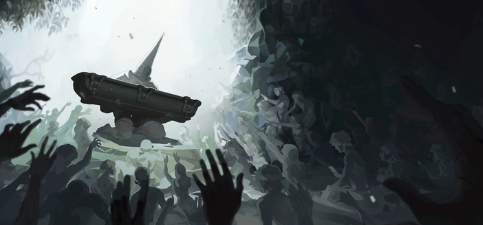 Imagem do início do jogo Blasphemous II. Em tons de cinza, preto e branco, Deogracias (uma figura mascarada com um capuzz cônico, como os capirotes na Espanha) carrega um caixão sem tampa, onde jazia o Penitente, herói da série. Esculturas de dezenas de pessoas ajoelhadas o cercam.