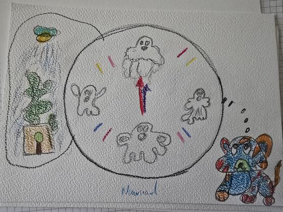 In der Mitte eine Uhr mit Geistern als 12 3 6 und 9, farbigen Strichen als die anderem Ziffern, beide Zeiger auf 12 Uhr
Links etwas das ich nicht beschreiben kann 
Rechts der Tiger
Alles gezeichnet, farbig