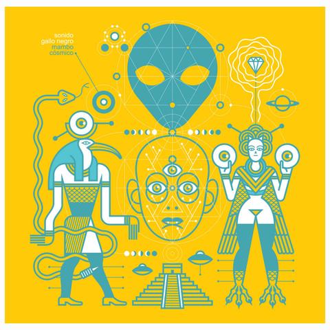The album cover of Mambo Cósmico by Sonido Gallo Negro bursts with vibrant symbolism. Set on a radiant yellow backdrop, turquoise illustrations merge ancient Mesoamerican mythology with cosmic futurism. A large alien head hovers above a geometric human face with three eyes, connected by sacred geometry lines. On the left, a figure resembling Thoth or an Aztec scribe holds a serpent, while on the right, a goddess-like being with antennae lifts two circular discs like vinyl records or cosmic portals. A pyramid at the bottom is flanked by flying saucers, while planets, flowers, and energy patterns orbit the scene. The artwork fuses cumbia psychedelia, mysticism, and retro sci-fi in a bold visual language that mirrors the band’s cosmic sound.