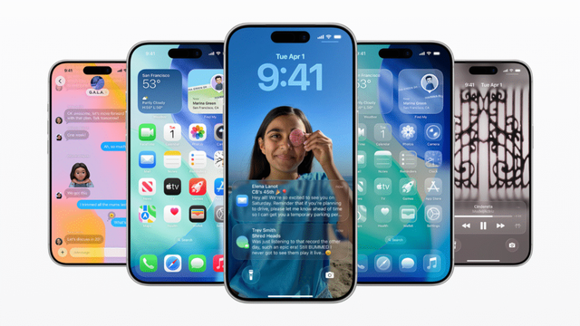 Apple iPhones showcasing iOS 26 with the new Liquid Glass design, featuring translucent app icons, widgets, redesigned Messages with colorful backgrounds, updated Lock Screen notifications, and music playback interface.