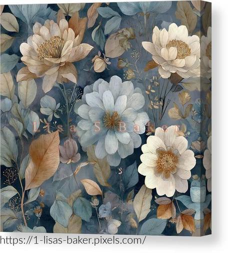Blue And Tan Floral Pattern / Floral Art by Lisa S Baker. A cascade of delicate flowers in muted earth tones creates an elegant and harmonious composition. The interplay of intricate petals and leaves against a moody backdrop adds depth and sophistication. This piece captures the essence of nature’s timeless beauty.
