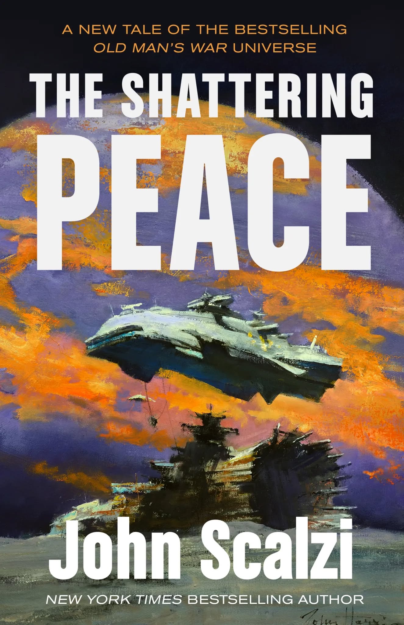 The cover to The Shattering Peace, which features a starship and a purple and orange planet.