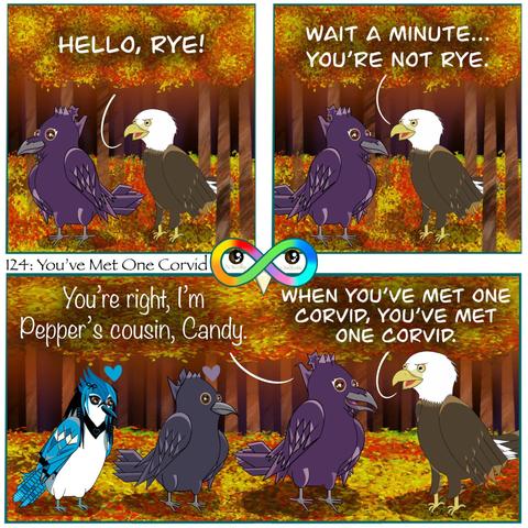 124: You've Met One Corvid

Photo Description:
Panel 1: In the middle of the red, orange, and yellow, woods in autumn are a bald eagle named Bacon and a new raven named Candy who is turned around.
Bacon mistakenly says, "HELLO RYE!"

Panel 2: Candy turns around. Bacon responds, "WAIT A MINUTE... YOU'RE NOT RYE."

Panel 3: The image zooms out revealing also a crow named Rye and a blue jay named Pepper.
Candy replies, "You're right, I'm Pepper's cousin, Candy."
Bacon finishes, "WHEN YOU'VE MET ONE CORVID, YOU'VE MET ONE CORVID."
There is a blue heart above Pepper and a purple heart above Rye.