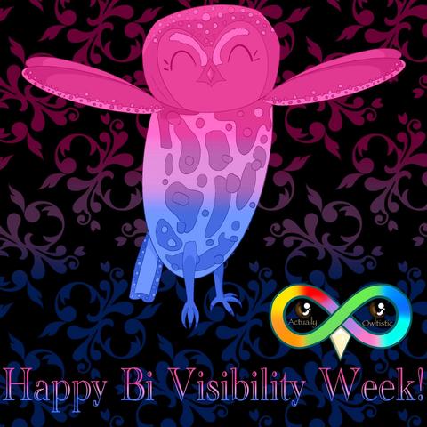 Elf owl named Peanut that's the bisexual flag colors: Pink, purple, and blue. Background is black with bi flag colored elegant swirl designs. In bi colors says, "Happy Bi Visibility Week!"
There is a rainbow infinity sign logo with a black and brown eye in each of the two centers. Under the eyes in pastel brown text reads "Actually" and "Owltistic".