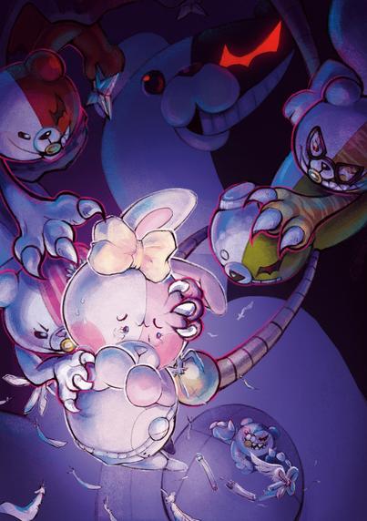 An illustration of Usami being stripped of her identity by Monokuma and the Monokubs, turning her into her Monomi version. The Monokubs are all grabbing her in some way, while a giant Monokuma watches from the background, clad in shadow and with his red eye glowing.