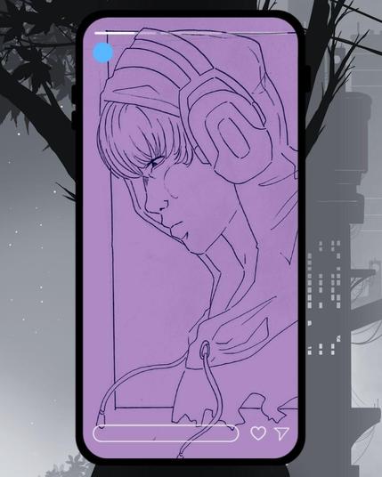 Se muestra una ilustración digital en una interfaz tipo teléfono móvil. La ilustración, en tonos morados, es un dibujo lineal de una persona de perfil usando audífonos grandes, lleva puesta una capucha; la persona parece pensativa o concentrada. En la parte inferior de la pantalla del “teléfono” hay iconos de corazón y un triángulo, similares a los de redes sociales, así como una barra de progreso. La interfaz parece simular la reproducción de algún contenido multimedia o una historia en una red social. Al fondo de la pantalla hay un fondo oscuro con siluetas de edificios y árboles.