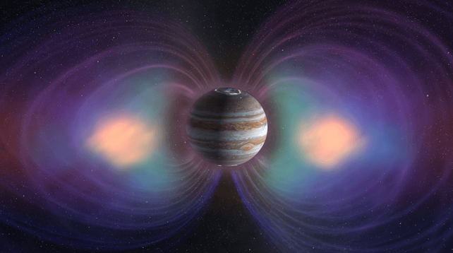 Artist's conception of Jupiter and its magnetosphere.