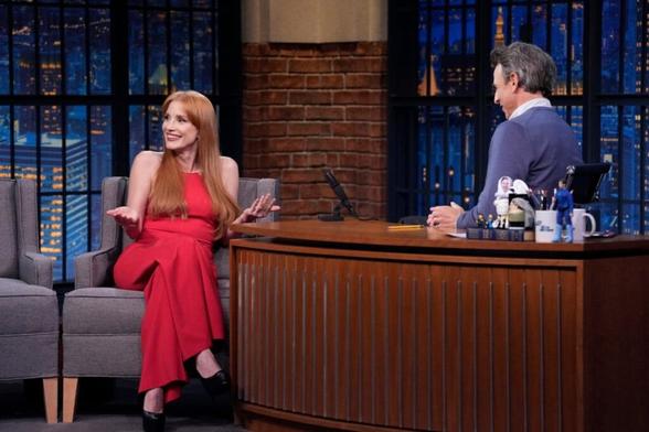 From left: Jessica Chastain and Seth Meyers on Monday's episode of "Late Night."